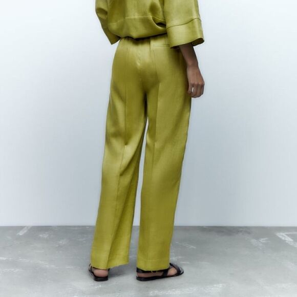 Zara 100% Linen Green Pants New - Picture 8 of 9